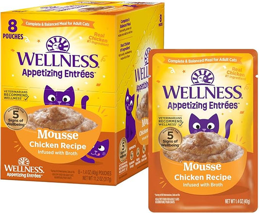 Wellness® Appetizing Entrées™ Mousse Chicken Recipe Infused with Broth Natural Wet Cat Food, 1.4 oz Pouch (Pack of 8)