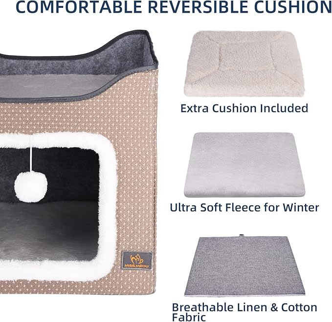 Cat Bed for Indoor Cats,Medium Large Cats Cave Bed,Machine Washable Slip Resistant Bottom,Ultra Soft Plush Cushion (Beige House)