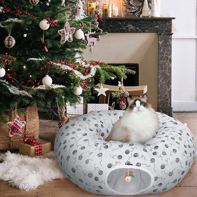 Ownpets Large Cat Tunnel Bed 12 inch Diameter for Large Cats Up to 35 Lbs, Cat Donut Tunnel Bed with Soft Mat, Soft Plush Cat Tube, Peekaboo Cat Cave, Gray