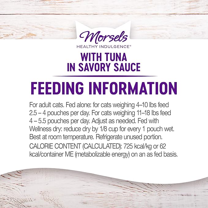 Wellness Healthy Indulgence Morsels Grain-Free Wet Cat Food, Made with Natural Ingredients and Proteins, Complete and Balanced Meal, 3 oz Pouches (Tuna in Savory Sauce, 24 Pack)