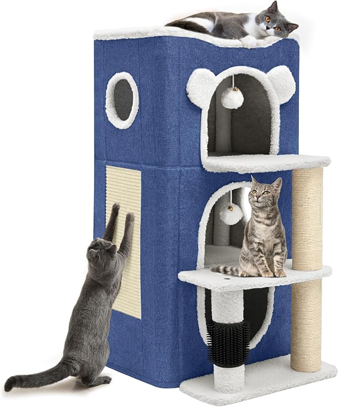 YIATHOME 3-Tier Cat House, Cat Beds for Indoor Cats, Modern Cat Condo with Highway Cave, Scratch & Itching Post, Climbing Stand, Cat Cube Playhouse for Multi Kittens, Blue
