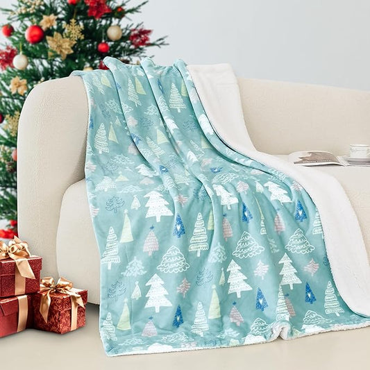 Elegant Comfort Reversible and Ultra-Plush Flannel Fleece-Winter Christmas Sherpa Throw- Lightweight Soft and Cozy-Holiday Decorative Throw, Perfect for Lounging, 50 x 60 inches, Mint Tree