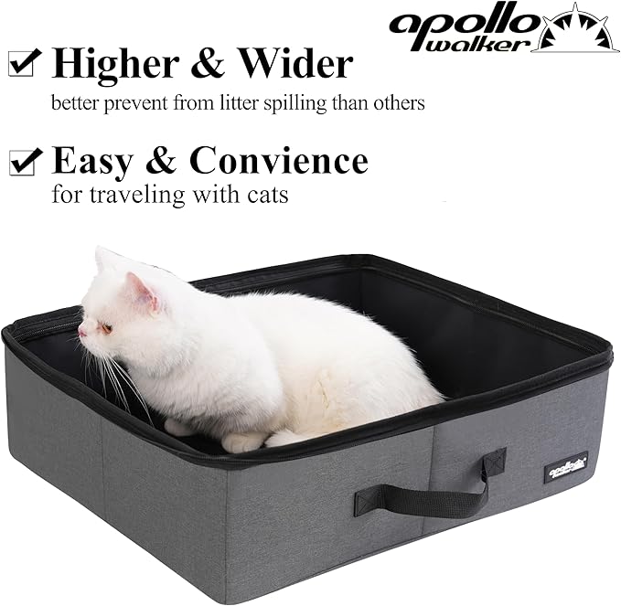 apollo walker Portable Cat Travel Litter Box with Zipped Waterproof Bag,Collapsible Litter Carrier for Cat with Zipped Lid and Handle, No Leakage, No Smell, Easy to Carry and Use in Hotels, Car Gray