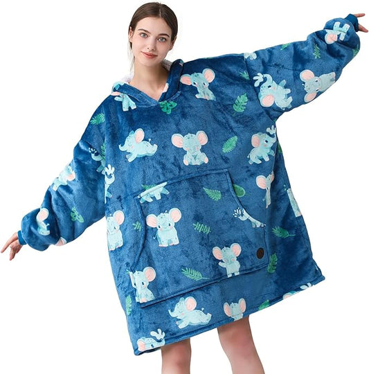 THREE POODLE Wearable Blanket Hoodie for Women, Oversized Sherpa Sweatshirt Blanket for Adults Men, Warm Cozy Elephant Hooded Blanket, Gifts for Mom Girlfriend Sister
