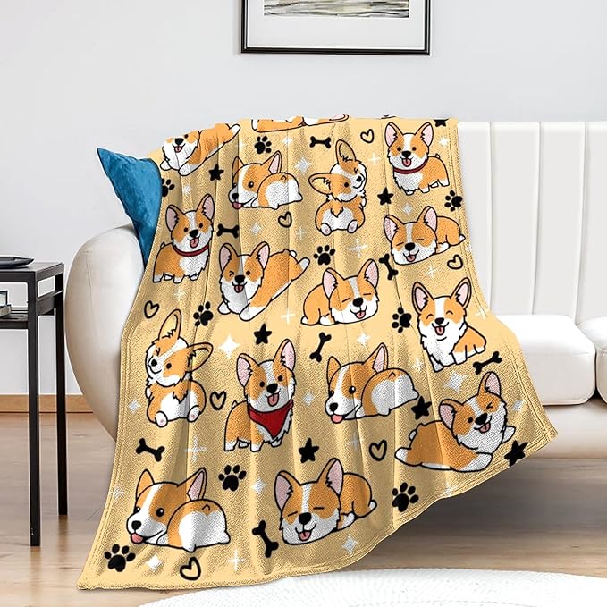 Cute Corgi Blanket Puppy Dog Pattern Blankets Bedding Soft Lightweight Flannel Throw Blankets Gifts for Corgi Lovers Kids Adults 80"X60"