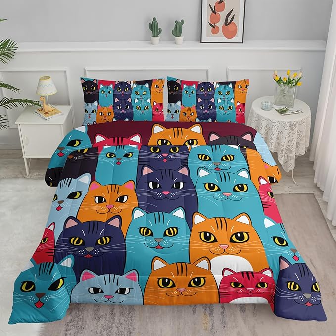 Axolotl Kids Cat Bedding Set, Twin Size, 3 Pcs (1 Comforter + 2 Pillow Cases), Multicolor, Cat Pattern