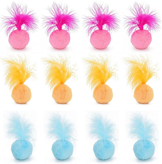 Furry Rattle Ball Cat Toy with Feather and Catnip - Interactive Pom Pom Balls for Cats, Soft and Lightweight, 2 Inch, 12 Pack.