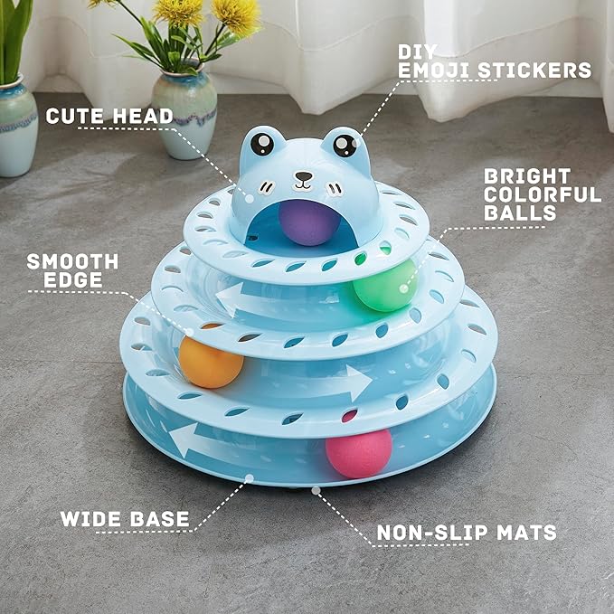 Gefryco Cat Toys Ball Track, Turntable Cat Tower Toy with 4-Tier Roller, Multi-Level Interactive Cat Toys for Indoor Cats, Fun Puzzle Kitten Exercise Toys with Colorful Chase Balls(Blue)