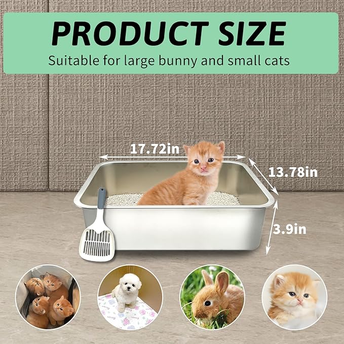 BNOSDM Stainless Steel Litter Box 4 Inch Height Cat Litter Pan for Kitten, Non Stick Metal Pets Toilet Boxes with Non-Slip Foot Mats and Litter Scoop, Easy to Clean (18x14x4)