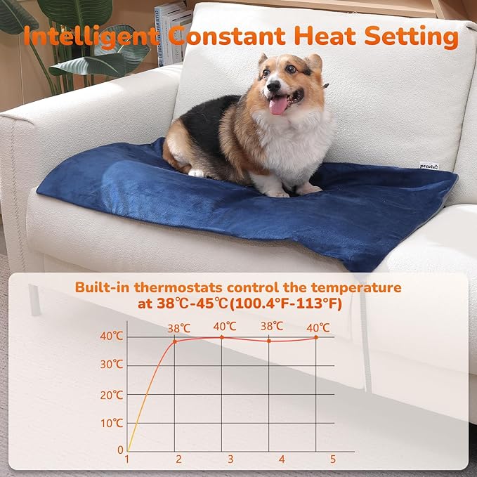 Pecute Pet Heating Pad, Dog Heating Pad with Chew Resistant Cord, Waterproof Layer, Warming Cat Heating Pad, Indoor Pet Heating Pads for Dogs Cats, Auto Temp Control with Washable Cover, 15.7" x 12.6"