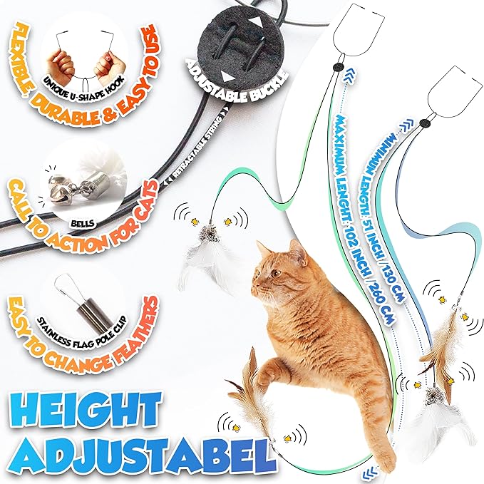 Retractable Cat Feather Toys 7PCS Refills with Bell, Interactive Doorway Hanging Teaser Toys for Indoor Cats, Kitten Play Exercise Feather Teaser Toys