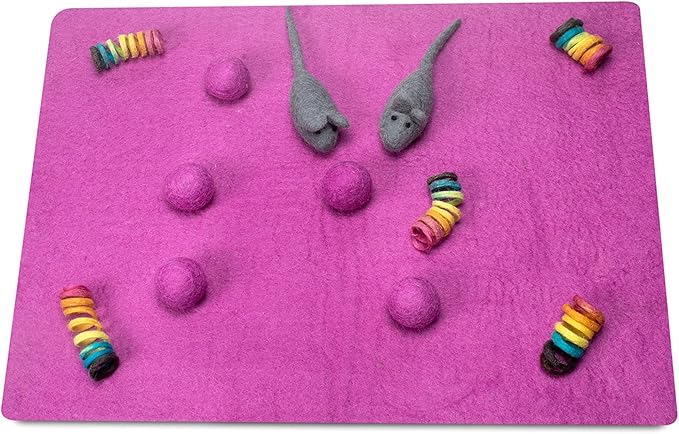 Dragonfly Creek Wool Cat Mat -Fair Trade and Eco Friendly Wool Cat Bed with Felted Wool Cat Toys- Multipurpose Cat Sleeping Bed for Playtime and Napping- Soft and Cozy Felt Cat Cushion