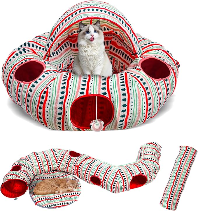 Cat Tunnels Bed for Indoor Cats-Donut Tubes, Adjustable Shape, Washable Circle Cushion, Pet Play Balls Toy and Holes, Red Atmosphere