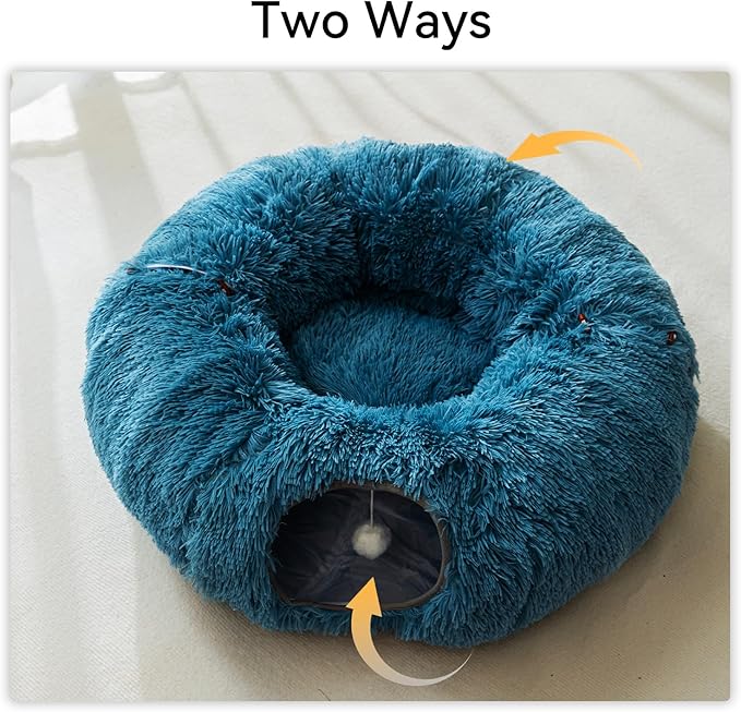HIPIPET Winter Plush Cat Tunnel with Cat Bed for Indoor Cats,Multifunctional Cat Toys for Small Medium Large Cat.(Blue)