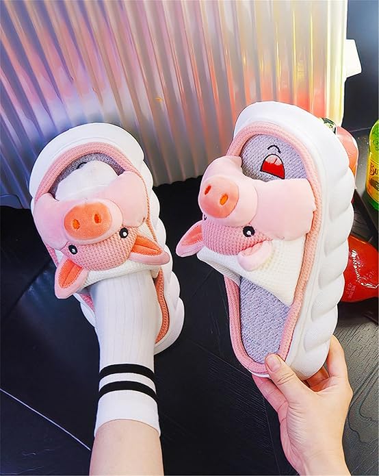 AZCHEN Women's Animal Cartoon Pig Slippers - Cute and Comfortable Linen Plush Slippers for Home