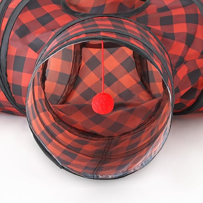 Tempcore Pet Cat Tunnel Tube Cat Toys 3 Way Collapsible, Cat Tunnels for Indoor Cats，Kitty Tunnel Bored Cat Pet Toys Peek Hole Toy Ball Cat, Puppy, Kitty, Kitten, Rabbit Red Lattice