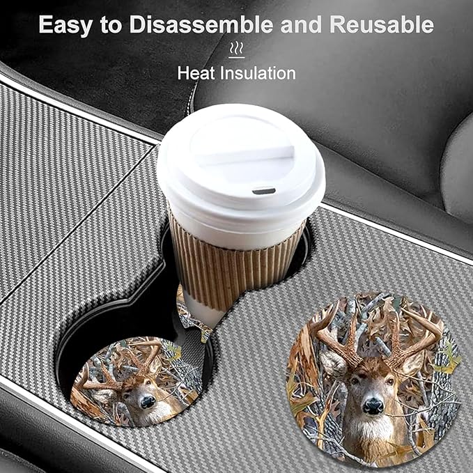 Car Coasters for Cup Holders,2 Pack Camo Deer Car Coasters,2.75" Universal Size Anti Slip Rubber Mat,Automotive Cup Holder Decal Decor Accessories,Camo Deer Gifts for Women,Men,Mom