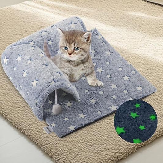 Kitten Tunnel Bed Mat, Glow in The Dark Kitten Bed for Indoor Kittens, Perfect Kitten Gift Toy with 3D Memory Foam, Detachable & Machine Washable, Non-Slip Bottom, Blue S