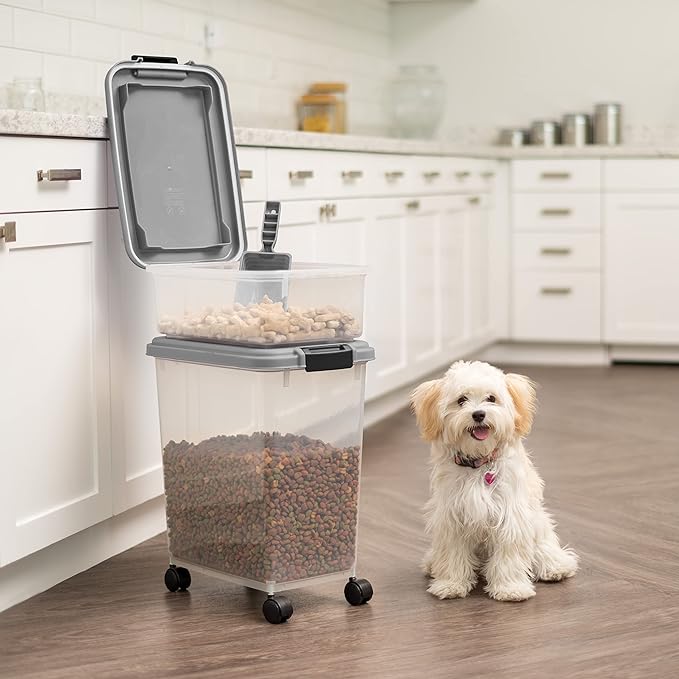 IRIS USA Dog Food Storage Container, 30 lbs & 11 lbs Combo, Cat Food Storage Container, Dog Treat Container, Airtight, Stackable, 2-Cup Scoop, Wheels, Easy Mobility, Chrome