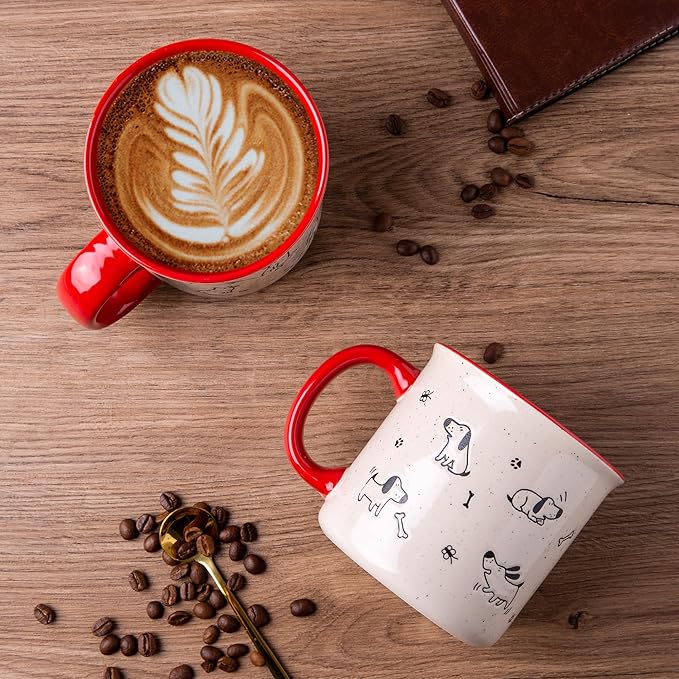 AmorArc 22 OZ Large Ceramic Coffee Mugs Set of 2, Oversized Mugs With Big Handle for Men Women Dad Mom, Big Mug With Textured Dogs Cats Patterns for Office & Home -Microwave Safe, 2 Pcs-Red
