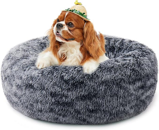 Calming Dog Bed for Cats and Small Dogs, Donut Washable Small Cat Bed for Indoor Cats and Dogs, Anti-Slip Round Fluffy Plush Faux Fur Pet Bed for Small Cats and Dogs (Black White, 19.7'')