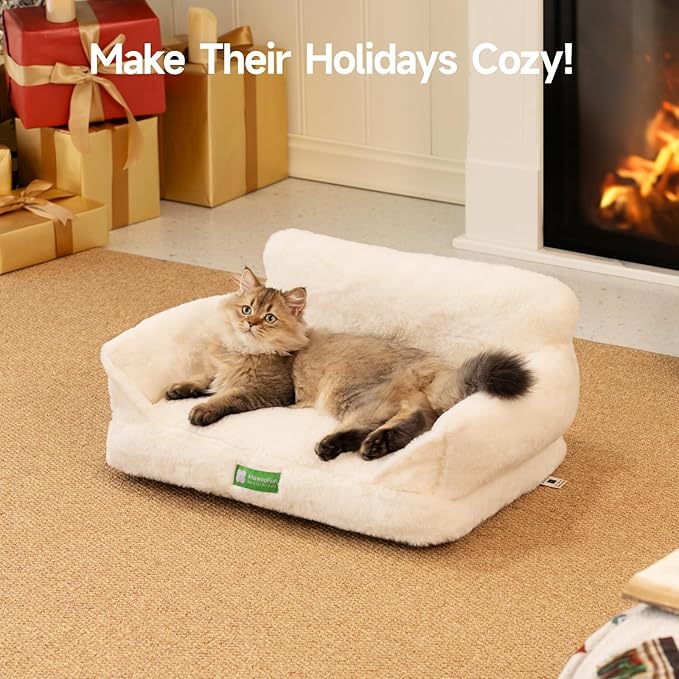 MEWOOFUN Cat Couch Bed for Indoor Cats, Fluffy Cat Sofa with Removable Washable Cover, Cute Cat Bed with Non-Slip Bottom, Pet Beds for Cats and Pups(White,S)