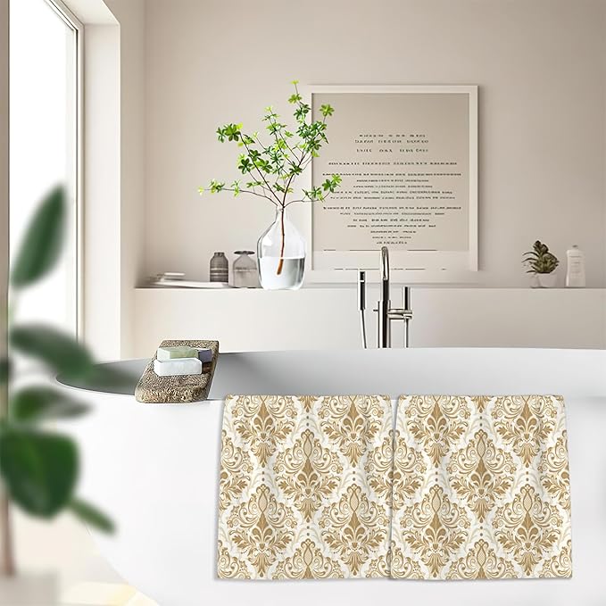 Vintage Damask Hand Towels for Bathroom,Gold Orient Flower Hand Bath Towels Soft Absorbent Dish Towels for Kitchen Bathroom Gym Beach Decorative Towels,Set of 2