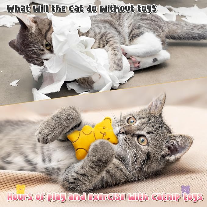 MALLMALL6 Catnip Toys for Cat - 5Pcs Gummy Colorful Bear Catmint Interactive Cat Toy for Indoor Cats, Soft Plush Candy Cat Supplies, Kitten Teething Chew Toy Set, Cute Pet Gifts for Cat Lover