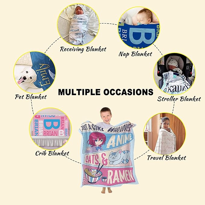 Just A Girl Anime Blanket - Kawaii Decor, Cats & Ramen, Luxurious & Cozy, 40X50 Inch, Kids/Child
