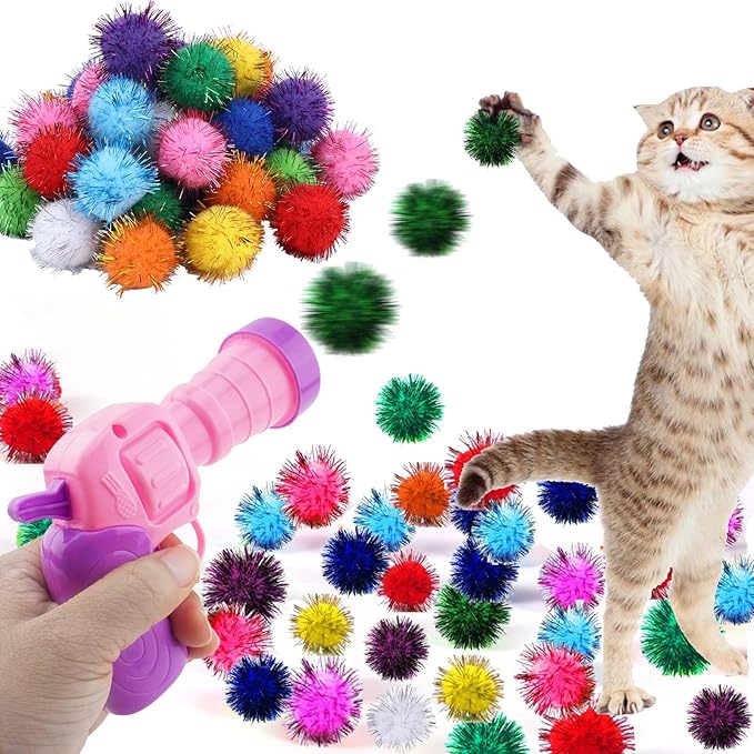 Dorhui Cat Toy Balls with Launchers Set, 30 Pcs Sparkle Pom Pom Balls for Cat,Cat Enrichment Toys,cat Toys for Indoor Cats, Interactive Glitter Pom Pom Balls for Kitty Gifts