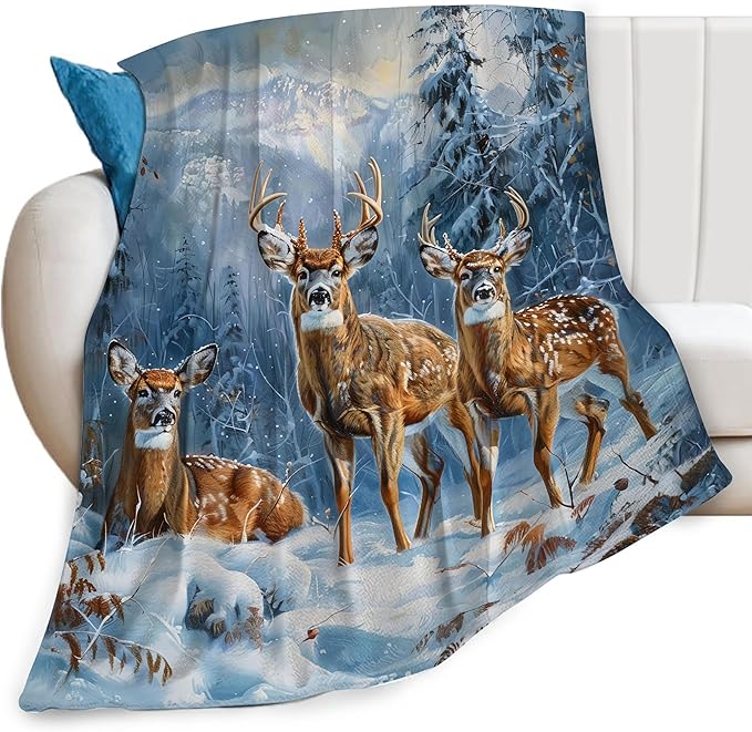 Deer Snow Winter Forest Print Blanket Wild Animal Country Nature Night Western Throw Blankets Gifts for Couch Sofa Bed Stuff Decor Soft Fleece Plush Warm Flannel Bedding for Lover Men Women 50"x60"