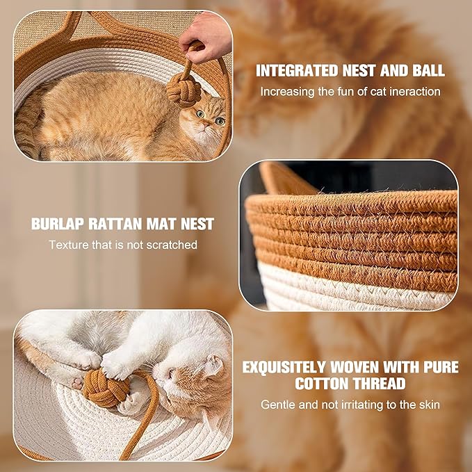 Hand Woven Cat Bed Basket Nest Round with Toy Tail, Natural Cotton Linen Cat Scratch Pad, Pet Sleeping Bed House Scratcher Scratch Mat Pad for Puppy Small Dogs Indoor Cat Summer (Large)