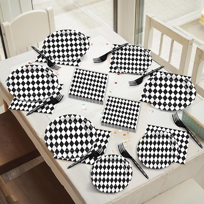 96Pcs Wonderland Party Supplies Black and White Checkered Party Plates and Napkins Race Car Party Disposable Tableware Decorations for Birthday Baby Shower Party Favors for 24 Guests