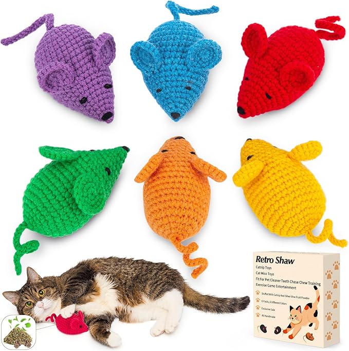 Retro Shaw Catnip Toys Mice,Cat Nip Toys for Indoor Cats Kitten,6 Pack Cat Toys Mouse Woolen Yarn Crochet Animals Toys,Cat Teeth Cleaning Toy Cat Kicker Toys