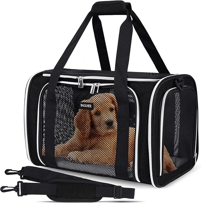 BAGLHER Pet Travel Carrier, Cat Carriers Dog Carrier for Small Medium Cats Dogs Puppies, Airline Approved Small Dog Carrier Soft Sided, Collapsible Puppy Carrier. Black