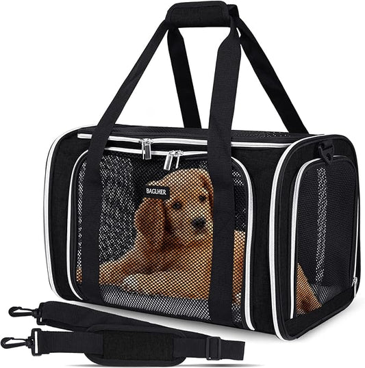 BAGLHER Pet Travel Carrier, Cat Carriers Dog Carrier for Small Medium Cats Dogs Puppies, Airline Approved Small Dog Carrier Soft Sided, Collapsible Puppy Carrier. Black