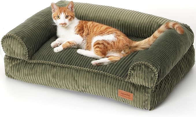 FUKUMARU Cat Couch Bed, Corduroy Cozy Cat Bed for Indoor Cats with Removable Washable Cover, Supportive Anti-Slip Dog Beds Sofa for Small Dogs Cute, 27inch, Medium, Green