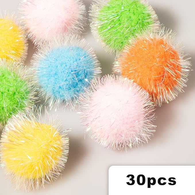VAPKER 30 Pcs Cat Ball Toys Sparkle Balls Extra Large 2 Inch Cat's Favorite Chase Glitter Ball Glitter Tinsel Pom Poms Balls Assorted Color