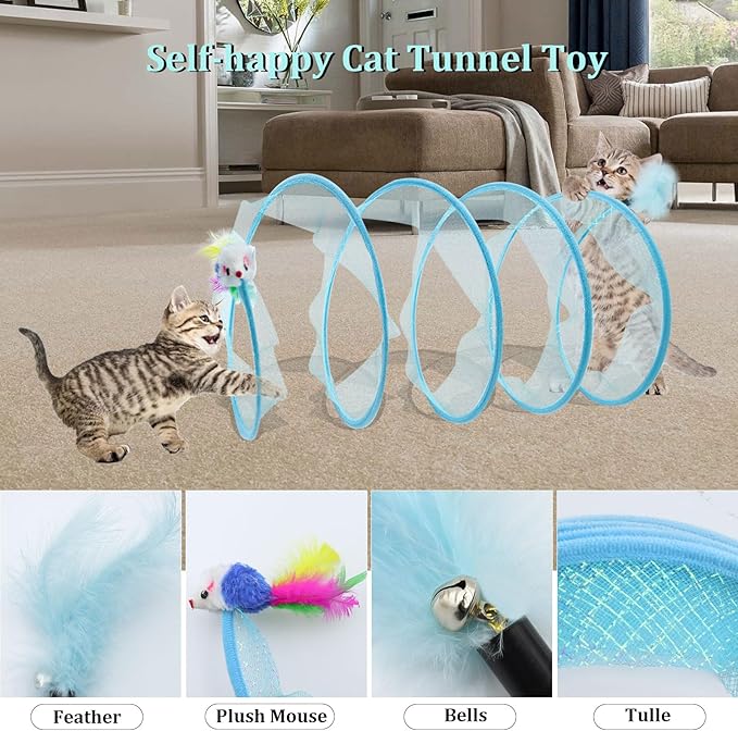 Folded Cats Tunnel Toy for Cats, Collapsible Cats Spring Tunnels Toy with Feather Mouse Toys, Played Tunnels Cats Tunnel Bed Tube Inside Cats, Interactive Cats Toy for Puppy Kitten