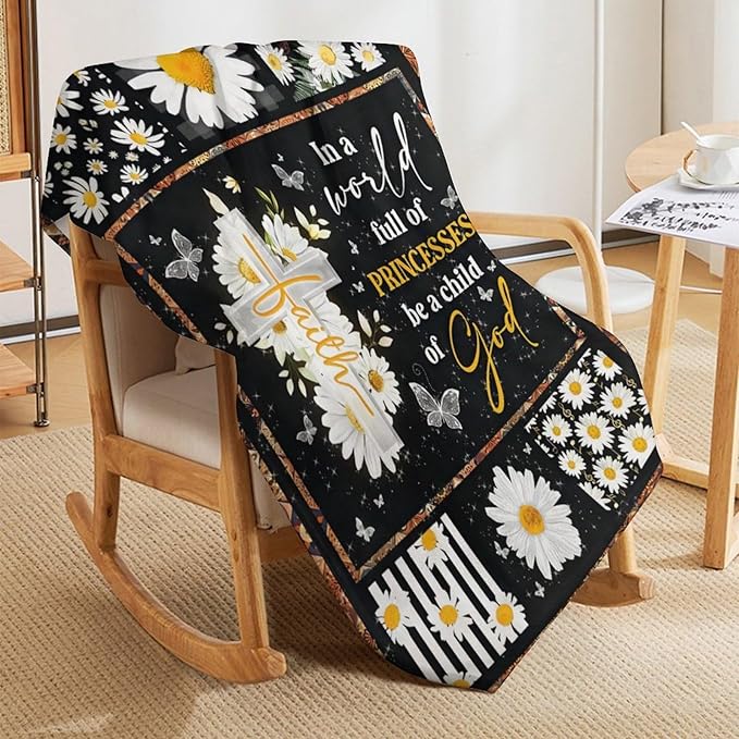 Christian Daisy Cross Print Blanket Bible Verse Religious Faith Flower Throw Blankets Gifts for Couch Sofa Bed Stuff Decor Lightweight Cozy Fleece Plush Flannel Bedding for Lover Men Women 60"x80"