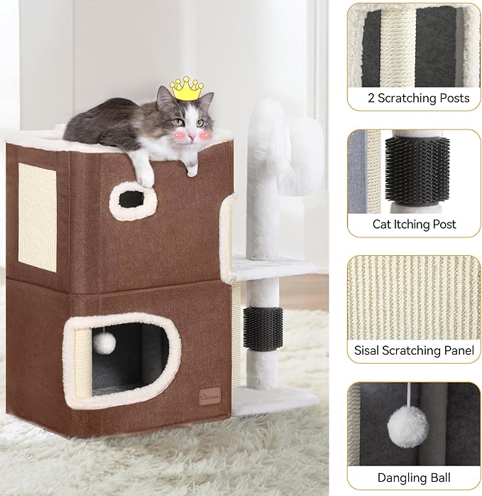 YIATHOME 2-Tier Cat House, Cat Beds for Indoor Cats, Small Cat Condo with Highway Cave, Scratch & Itching Post, Clmibing Stand, Modern Cat Cube Playhouse for Multi Kittens, Brown