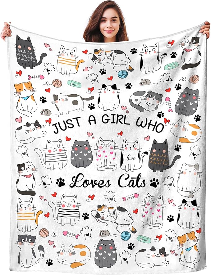 Cat Gifts Blanket for Women Girls Just A Girl Who Loves Cats Blanket Throw Plush Stuff Cats Gifts for Cat Lovers Women Girls Kids Adults Birthday Decorations 60"X50"