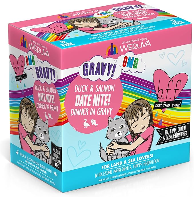 Weruva B.F.F. OMG - Best Feline Friend Oh My Gravy!, Date Nite! with Duck & Salmon in Gravy Cat Food, 2.8oz Pouch (Pack of 12)