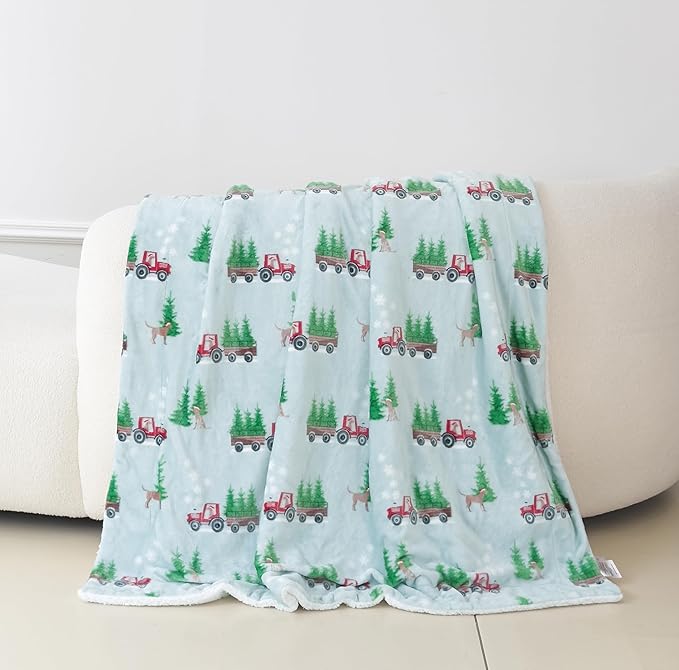 Elegant Comfort Reversible and Ultra-Plush Flannel Fleece-Winter Christmas Sherpa Throw- Lightweight Soft and Cozy-Holiday Decorative Throw, Perfect for Lounging, 50 x 60 inches, Tractor Tree