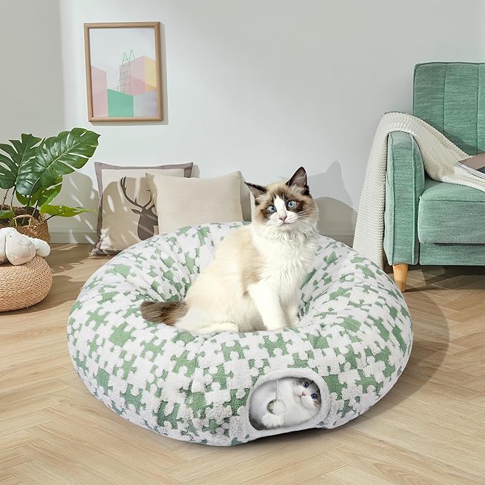 Cat Tunnel Bed Cat Cave for Cats Indoor, Maansfy Large Peekaboo Cat Cave Donut Tunnel Interactive Cat Toy Multifunctional Round Pet Play Tunnel Tube for Kitten Medium Large Cat - Green