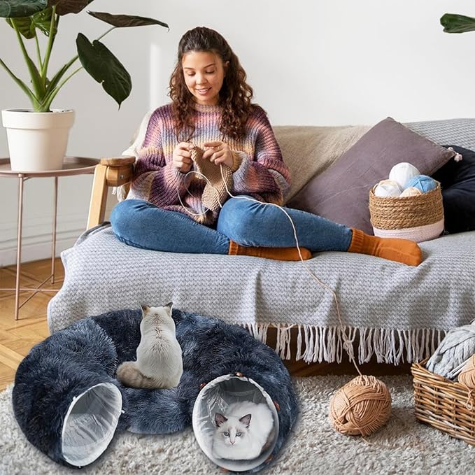 KOMUSMO Cat Tunnel Bed with Central Mat and Hanging Ball Toy, Multifunctional Large Cat Bed Cave Donut for Indoor Cats, Soft Plush Fluffy Collapsible Peekaboo Cave for Small Medium Large Cats Kittens