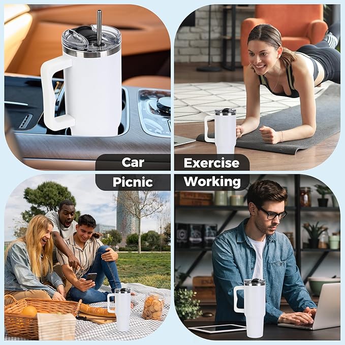 40 oz Tumbler with Handle and Straw Lid Insulated Cup Stainless Steel Water Bottle Travel Mug Cupholder Use Gifts for Women Men Kids Trek Collection White