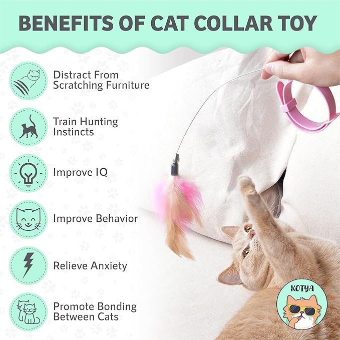 KOTYA Cat Collar Toy, New Premium Teasing Wand with Colorful Natural Feathers and Bell, Lightweight Silicone for Extra Comfort, Interactive Self Playing Toys for Indoor Kittens (Flamingo Pink)