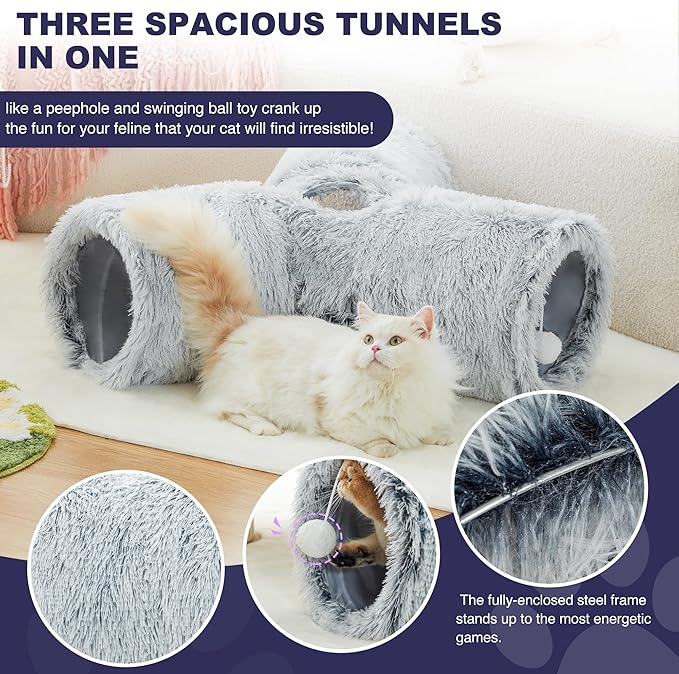 Tempcore Plush Pet Cat Tunnel Tube Cat Toys 3 Way Collapsible, Cat Tunnels for Indoor Cats，Kitty Tunnel Bored Cat Pet Toys Peek Hole Toy Ball Cat, Puppy, Kitty, Kitten, Rabbit Light Grey