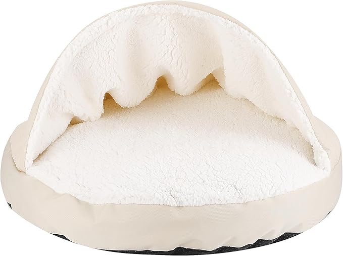Long Rich Durable Oxford to Sherpa Pet Cave and Round Pet Bed, 25", with Removable Insert Khaki Color, by Happycare Textiles
